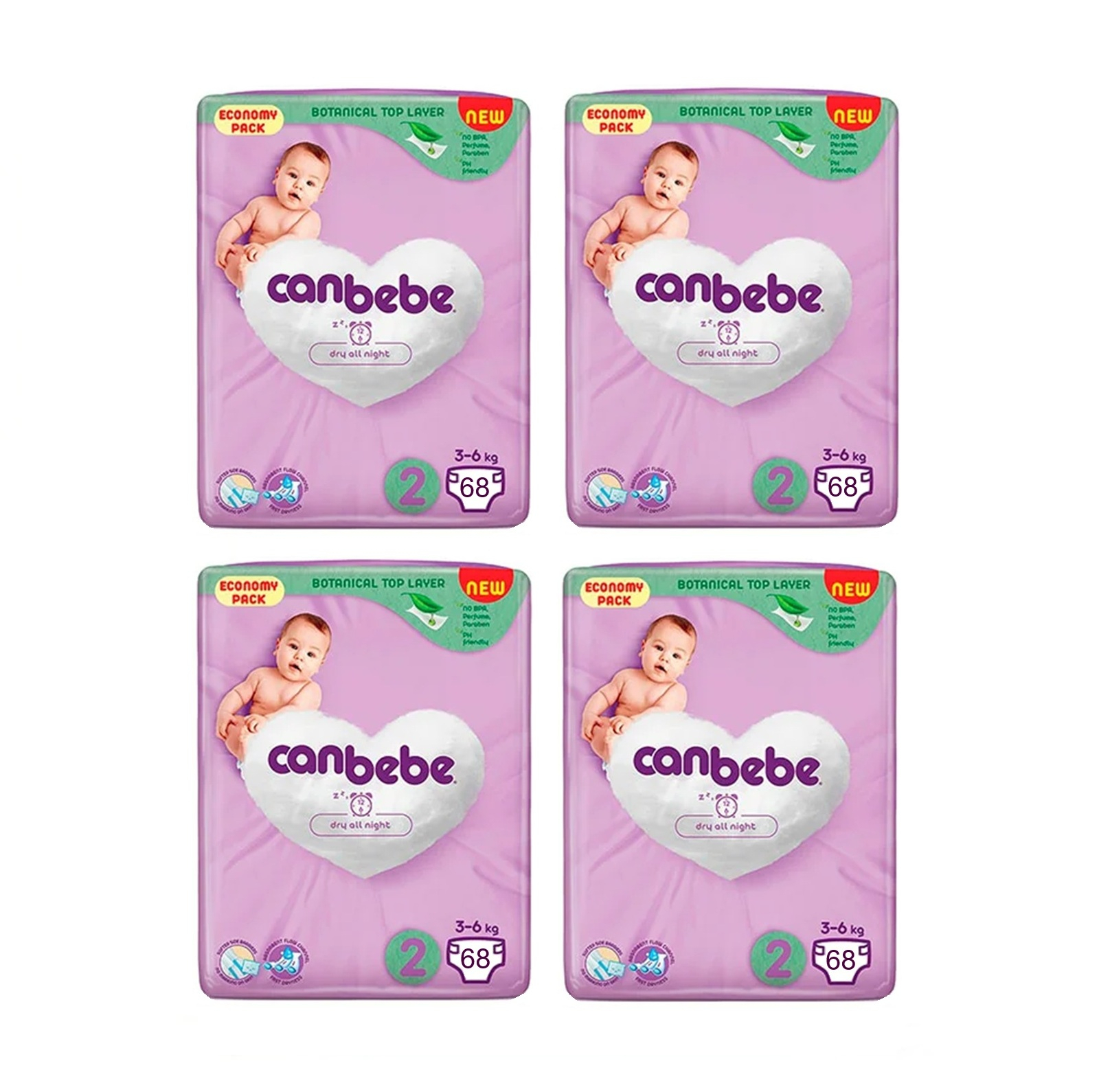 پوشک چسبی بچه جان به به مدل DRY ALL NIGHT سایز 2 چهار بسته 68 عددی