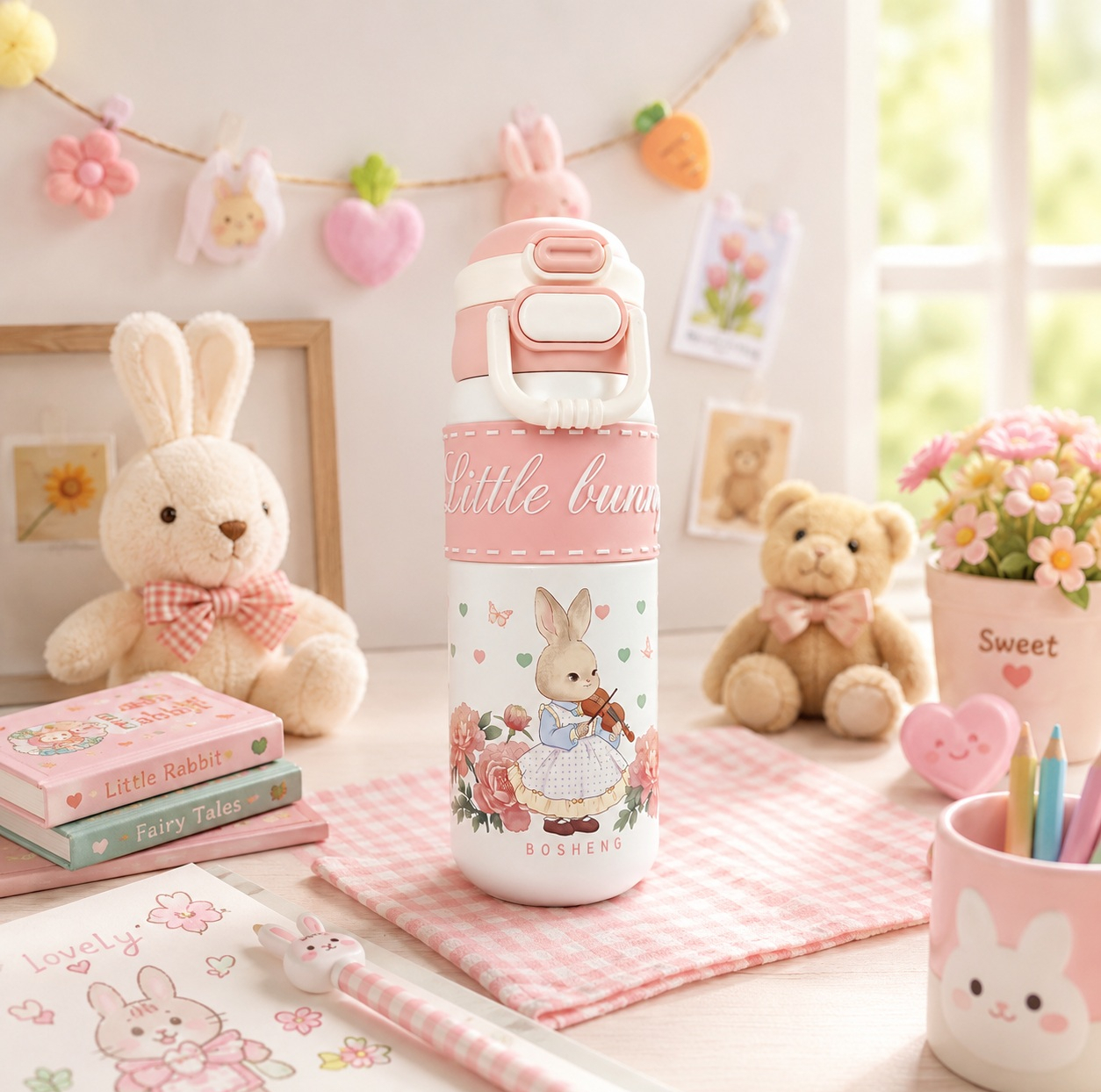 قمقمه کودک مدل بوشنگ نی دار دوحالته طرح خرگوش Little Bunny کارتونی گنجایش 0.49 لیتر