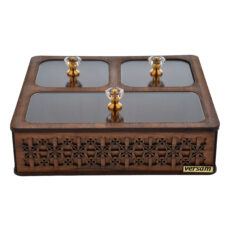 جعبه پذیرایی مدل یاس کد P301 شکلات‌خوری مربع MDF، پلاستیک و پلکسی گلس با ابعاد 20x19x5.5 سانتی‌متر و وزن 330 گرم، غیرقابل شستشو