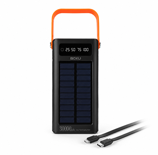 پاوربانک خورشیدی 66 وات بوکسو مدل PB-07 ظرفیت 30000 میلی‌آمپر ساعت به همراه 2 عدد کابل USB-C و Lightning