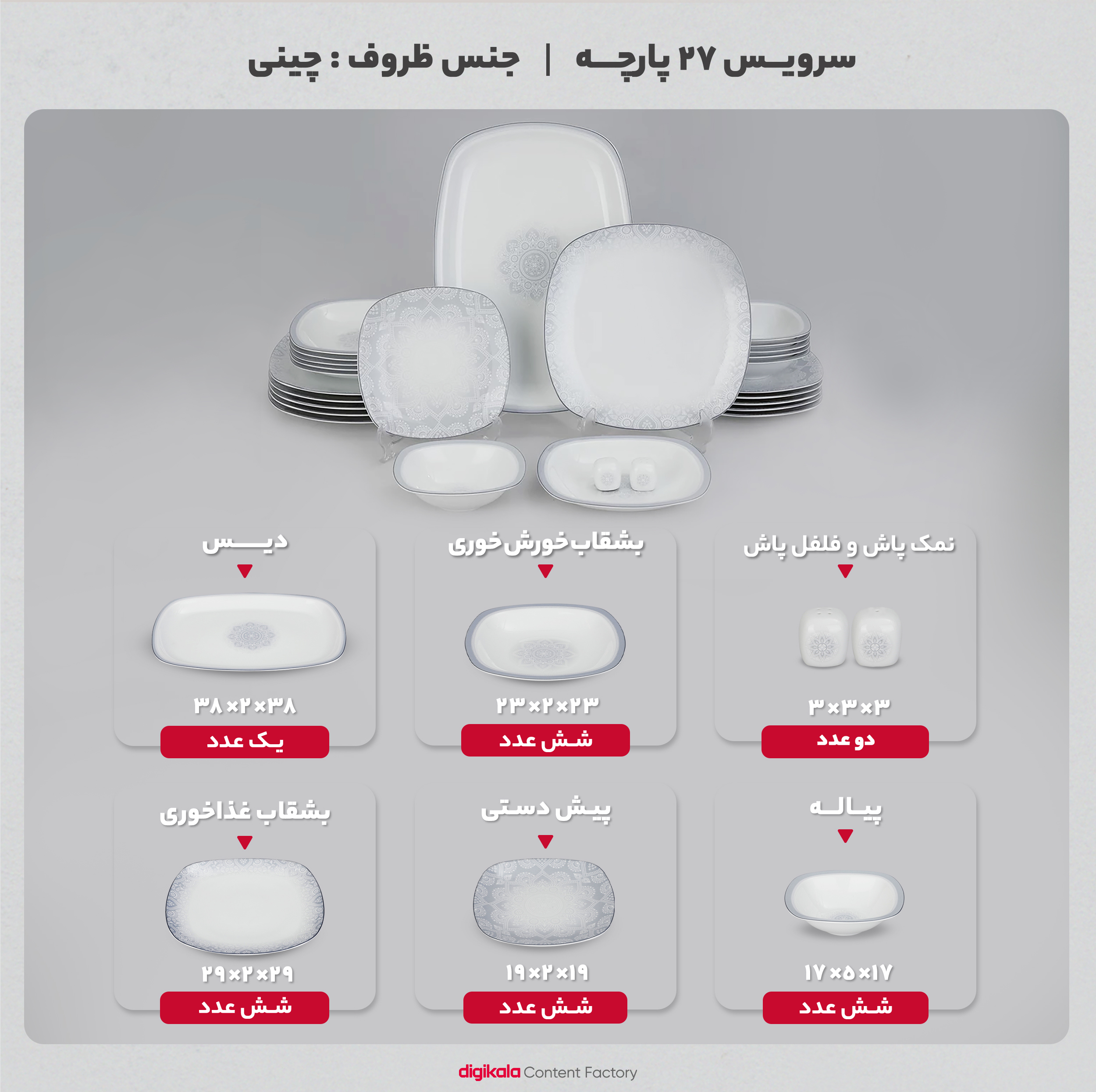 سرویس غذاخوری 27 پارچه چینی زرین ایران سری کواترو مدل ادلین درجه عالی