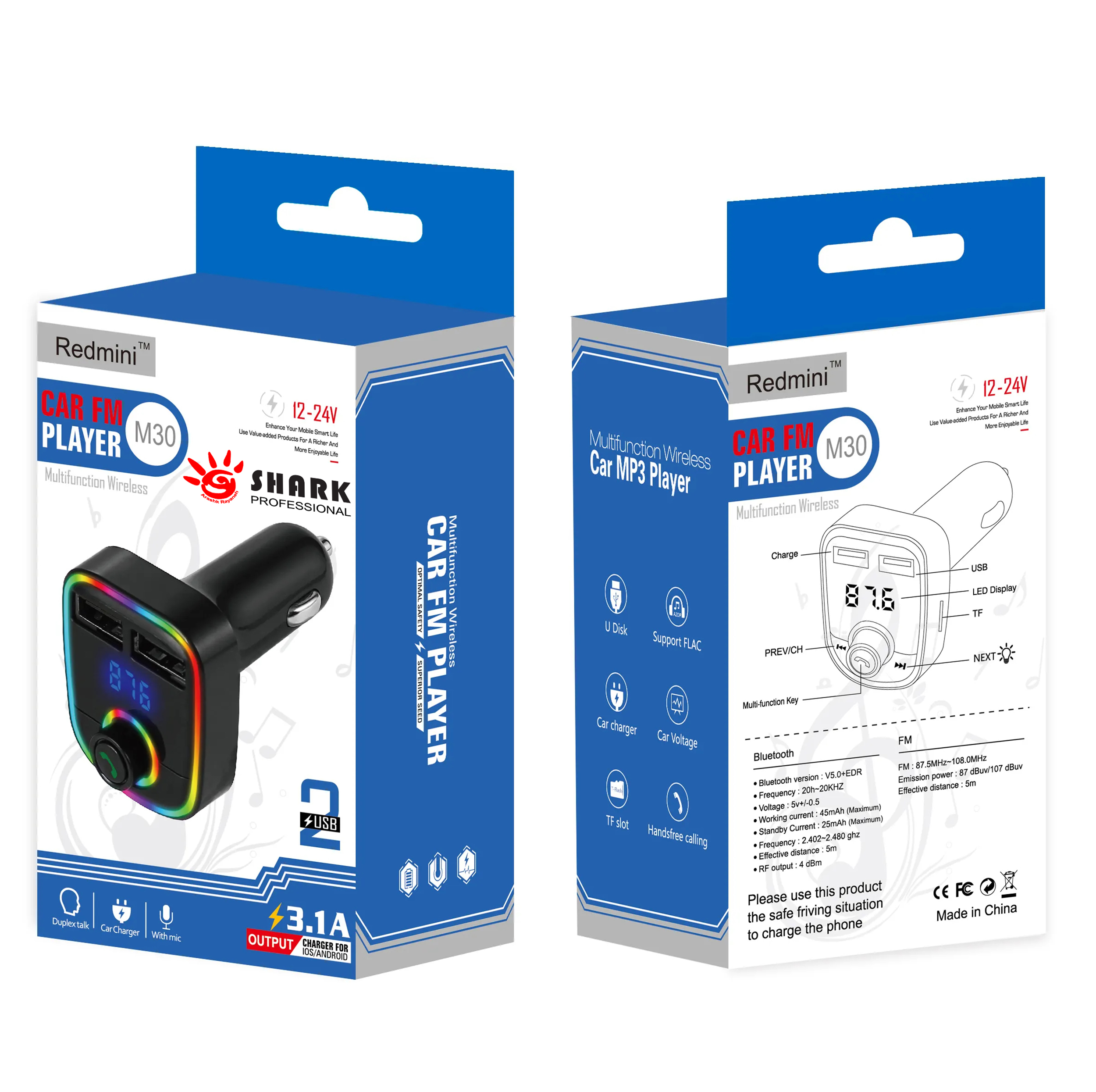 پخش کننده اف ام خودرو شارک مدل FM BLUETOOTH M30