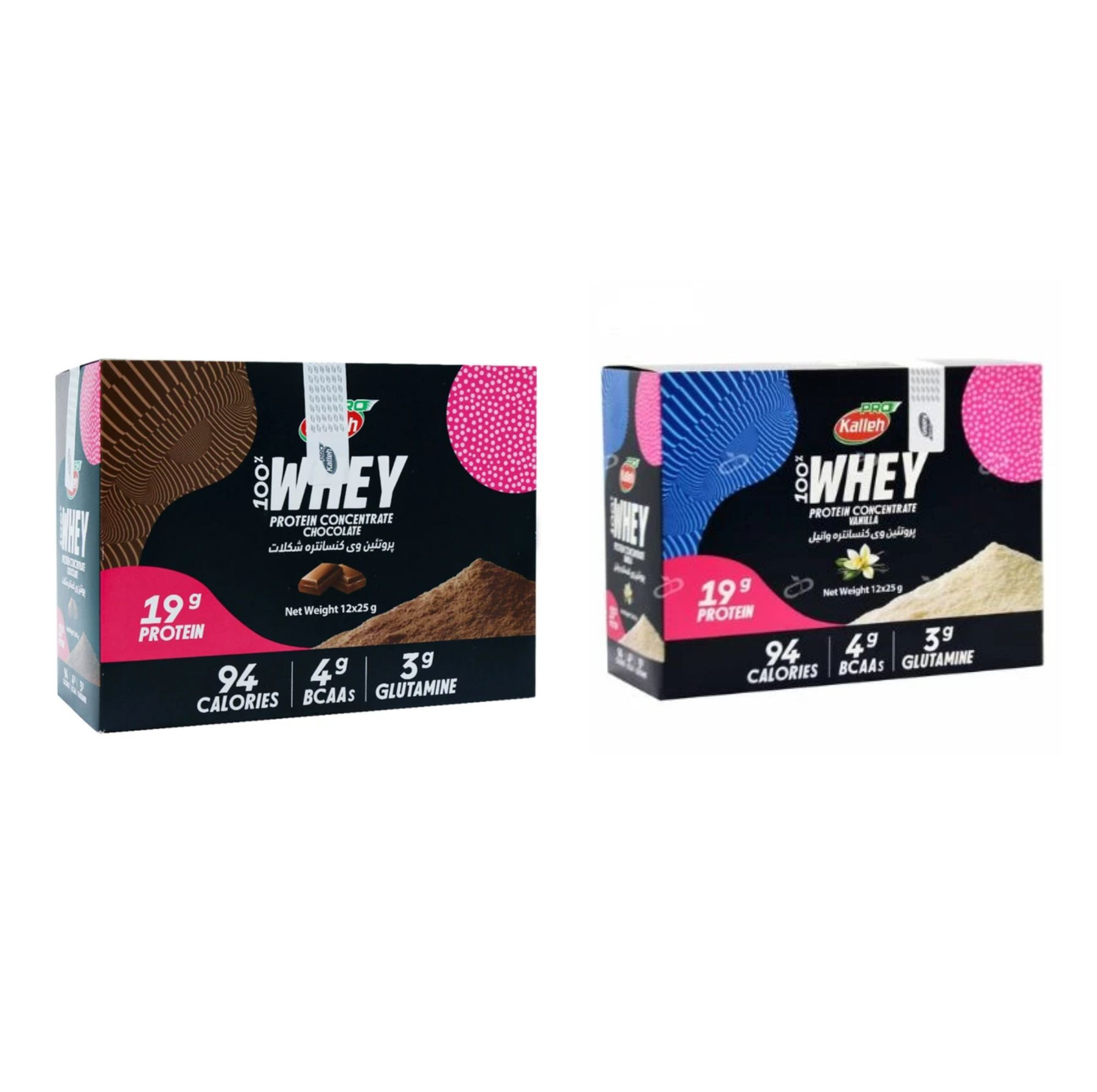 پروتئین وی با طعم شکلات کاله پرو - 25 گرم بسته 12 عددی به همراه پروتئین وی با طعم وانیل کاله پرو - 25 گرم بسته 12 عددی