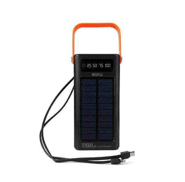 پاوربانک خورشیدی 66 وات بوکسو مدل PB-07 ظرفیت 30000 میلی‌آمپر ساعت به همراه 2 عدد کابل USB-C و Lightning