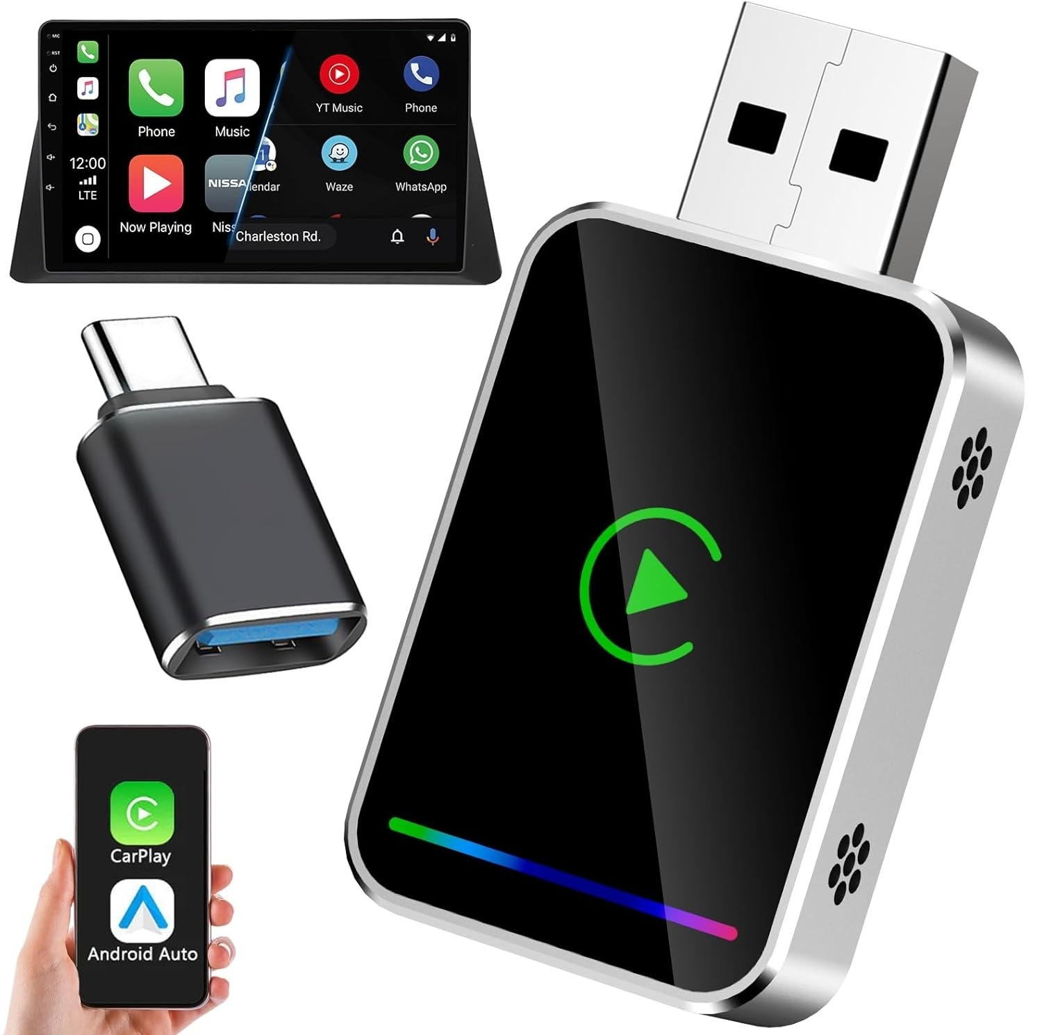 کارپلی و اندروید اتو مدل Wireless CarPlay/Android Auto Q1JS به همراه مبدل USB به USB-C