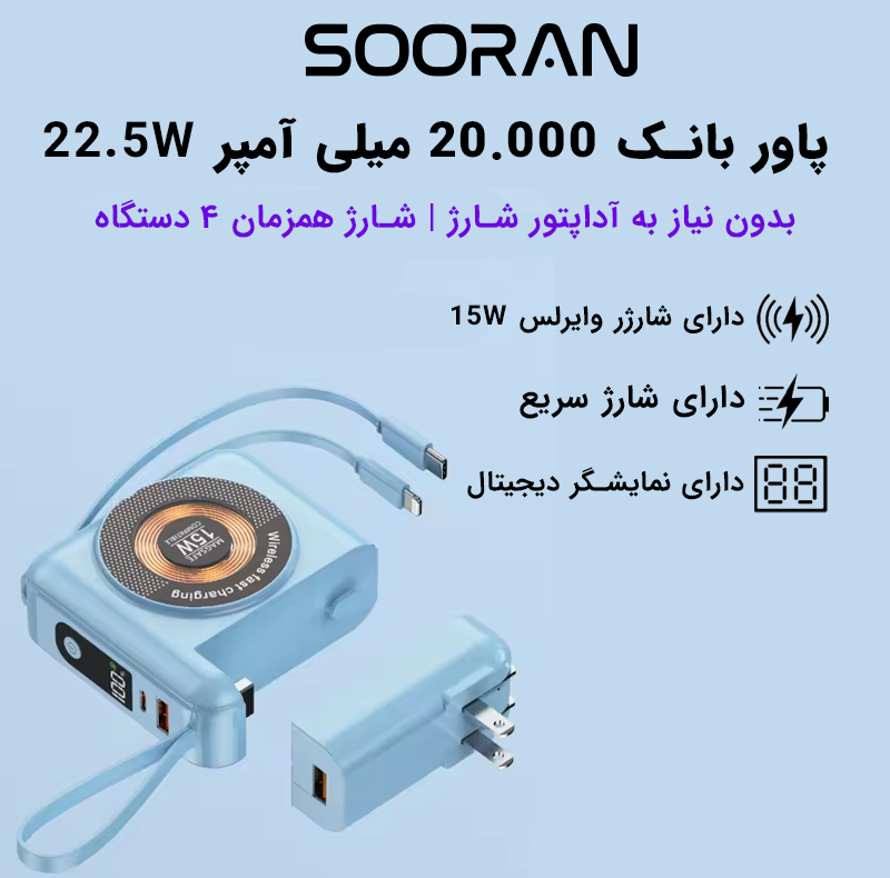 پاوربانک 22.5 وات سوران مدل SO-HM200 ظرفیت 20000 میلی‌آمپرساعت