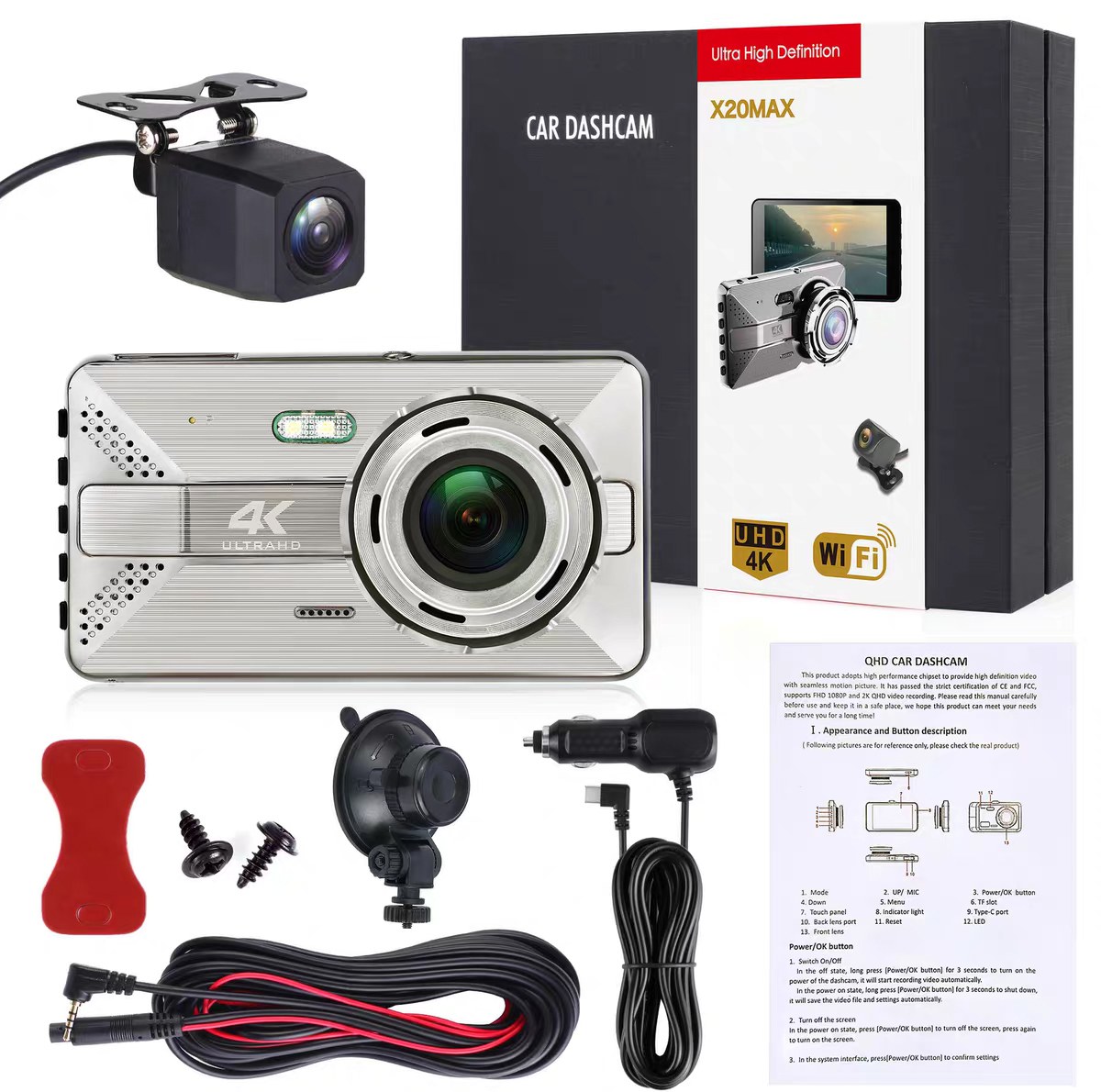 دوربین ثبت وقایع مدل X20 MAX 4K + WiFi به همراه دوربین عقب