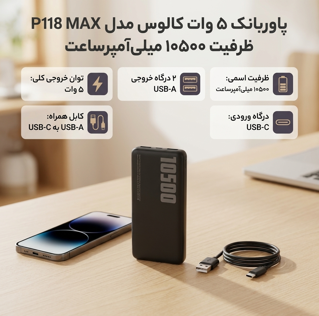 پاوربانک 5 وات کالوس مدل P118MAX ظرفیت 10500 میلی‌آمپرساعت به همراه کابل تبدیل USB-A به USB-C