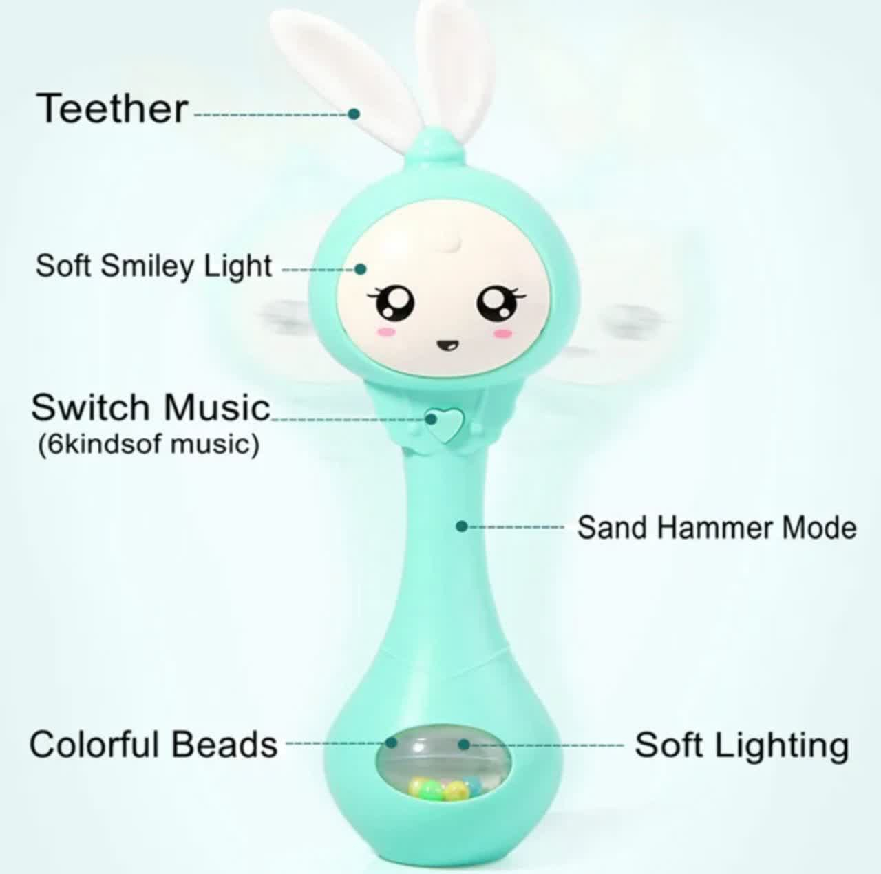 جغجغه ناب سل مدل دستی دندان گیر چراغدار موزیکال خرگوش بامزه  کد Funny rabbit teething hand rattle