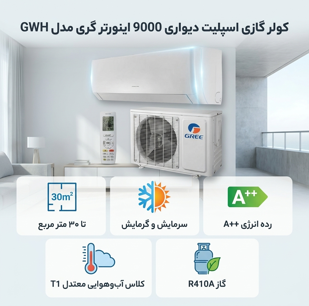 کولر گازی اسپلیت دیواری 9000 اینورتر گری مدل GWH