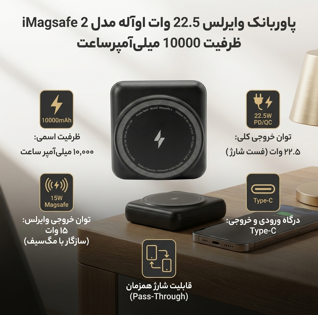 پاوربانک بی سیم 22.5 وات اوآله مدل safe 2 ظرفیت 10000 میلی‌آمپرساعت به همراه کابل usb-c