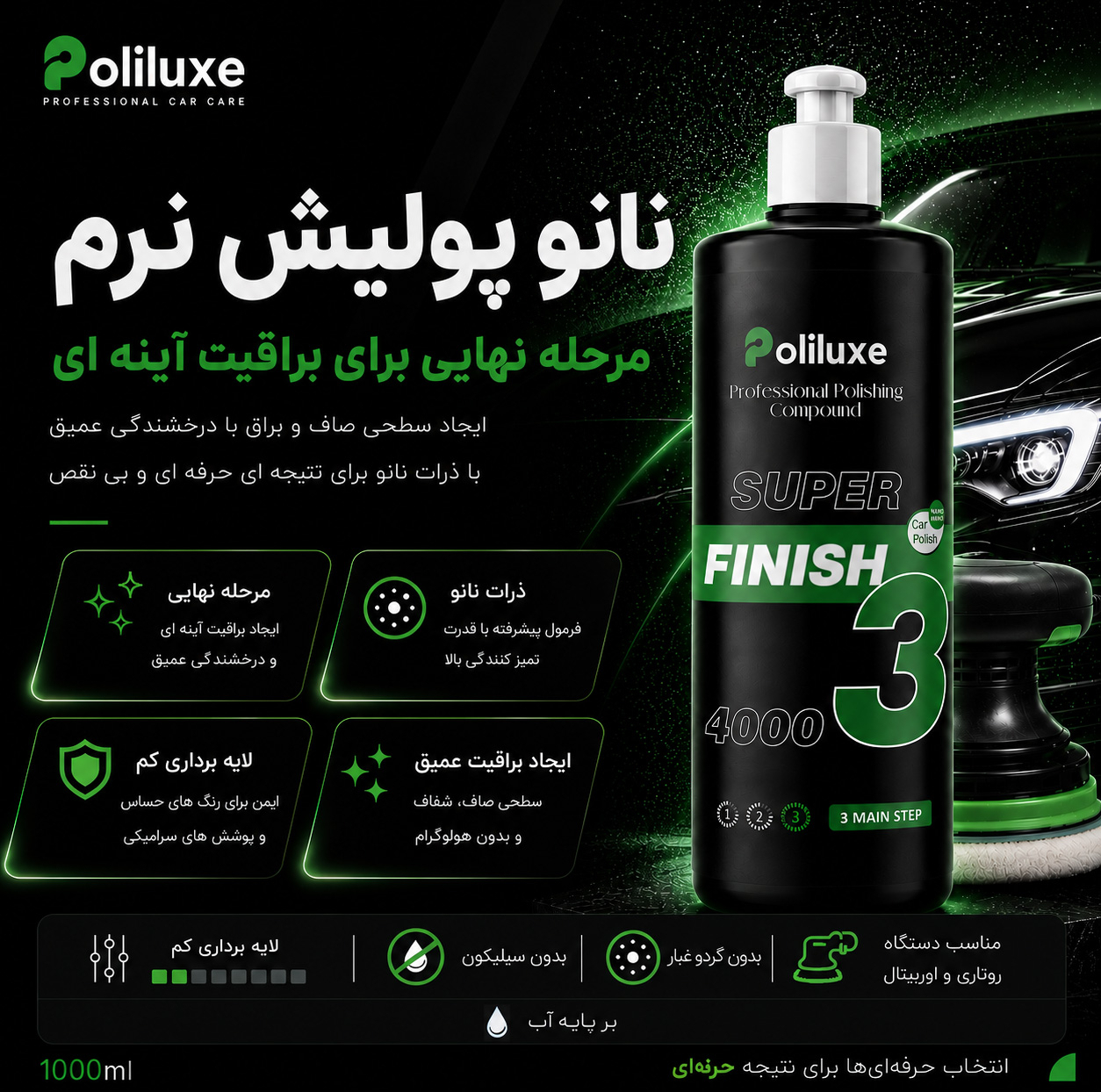 نانو پولیش نرم بدنه خودرو پولی لوکس مدل 3 وزن 1000 گرم