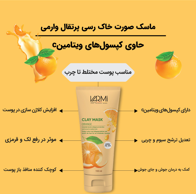 ماسک صورت خاک رسی پرتقال وارمی مدل Clay Mask حجم 150 میلیلیتر ضد جوش و آکنه، سمزدای عمقی، حاوی کپسول ویتامین C، روشنکننده و سفتکننده پوست، مناسب پوست چرب و مختلط