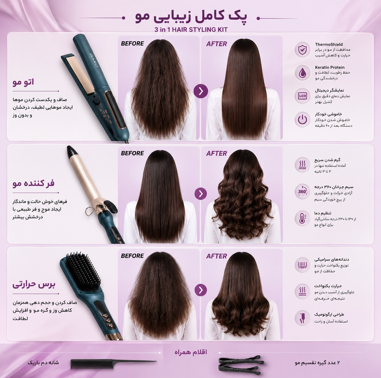 اتو مو حرفه ای رومئو مدل RM-5550 به همراه برس حرارتی و فر کننده مو مجموعه سه عددی