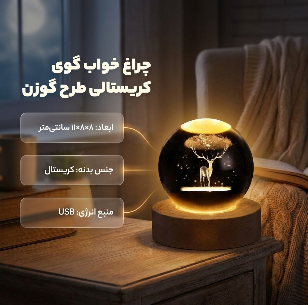 چراغ خواب مدل گوی کریستالی طرح گوزن سه بعدی