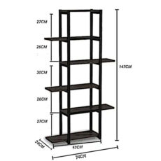 استند گلدان و قفسه کتاب فلزی 5 طبقه مدل GD-K38 با بدنه پروفیل 20×20 میلی‌متر، صفحات MDF روکش PVC، پوشش کوره‌ای الکترواستاتیک ضدخش و ضدزنگ، جوشکاری CO2، ابعاد 74×24×147 سانتی‌متر، وزن 12000 گرم