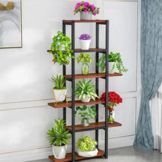 استند گلدان و قفسه کتاب فلزی 5 طبقه مدل GD-K38 با بدنه پروفیل 20×20 میلی‌متر، صفحات MDF روکش PVC، پوشش کوره‌ای الکترواستاتیک ضدخش و ضدزنگ، جوشکاری CO2، ابعاد 74×24×147 سانتی‌متر، وزن 12000 گرم