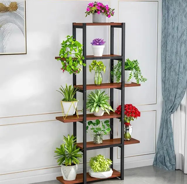 استند گلدان و قفسه کتاب فلزی 5 طبقه مدل GD-K38 با بدنه پروفیل 20×20 میلی‌متر، صفحات MDF روکش PVC، پوشش کوره‌ای الکترواستاتیک ضدخش و ضدزنگ، جوشکاری CO2، ابعاد 74×24×147 سانتی‌متر، وزن 12000 گرم