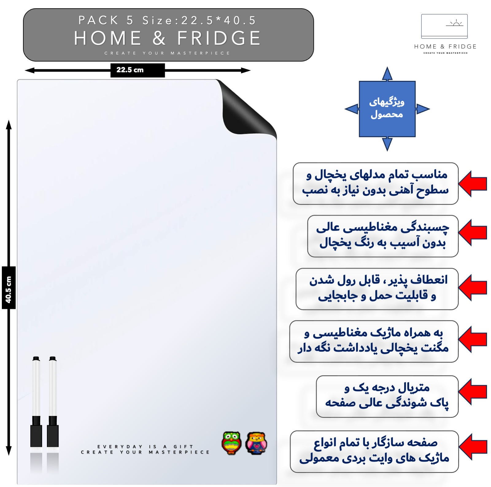 تخته وایت‌برد هوم اند فریج مدل H&F سایز 40.5x22.5 سانتی‌متر به همراه ماژیک و مگنت مجموعه 5 عددی