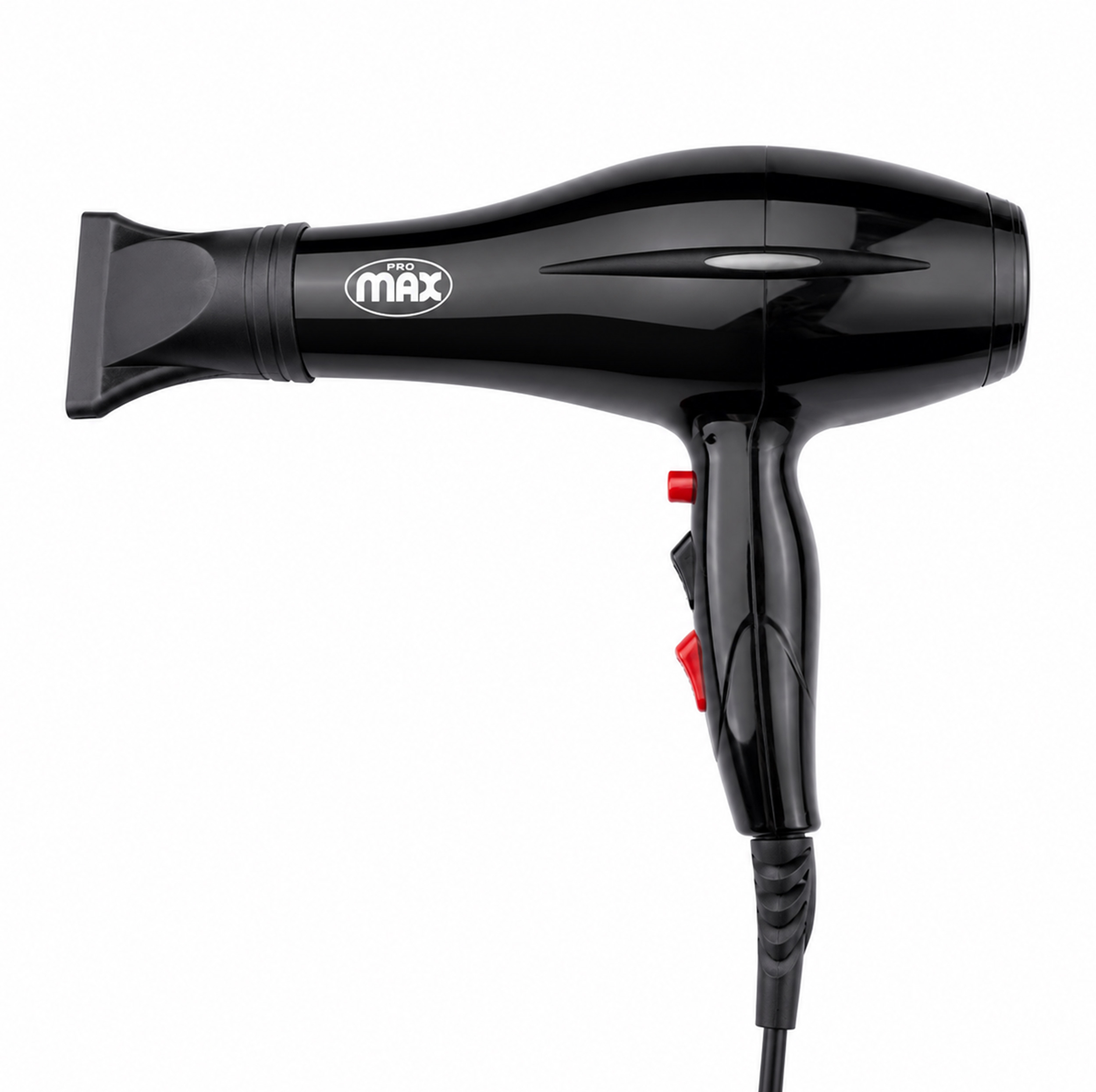 سشوار حرفه ای مکس پرو مدل 8889، با موتور DC، توان 9000 وات، وزن 650 گرم، تنظیم دما در سه حالت و تنظیم سرعت در دو حالت، همراه با متمرکزکننده باریک