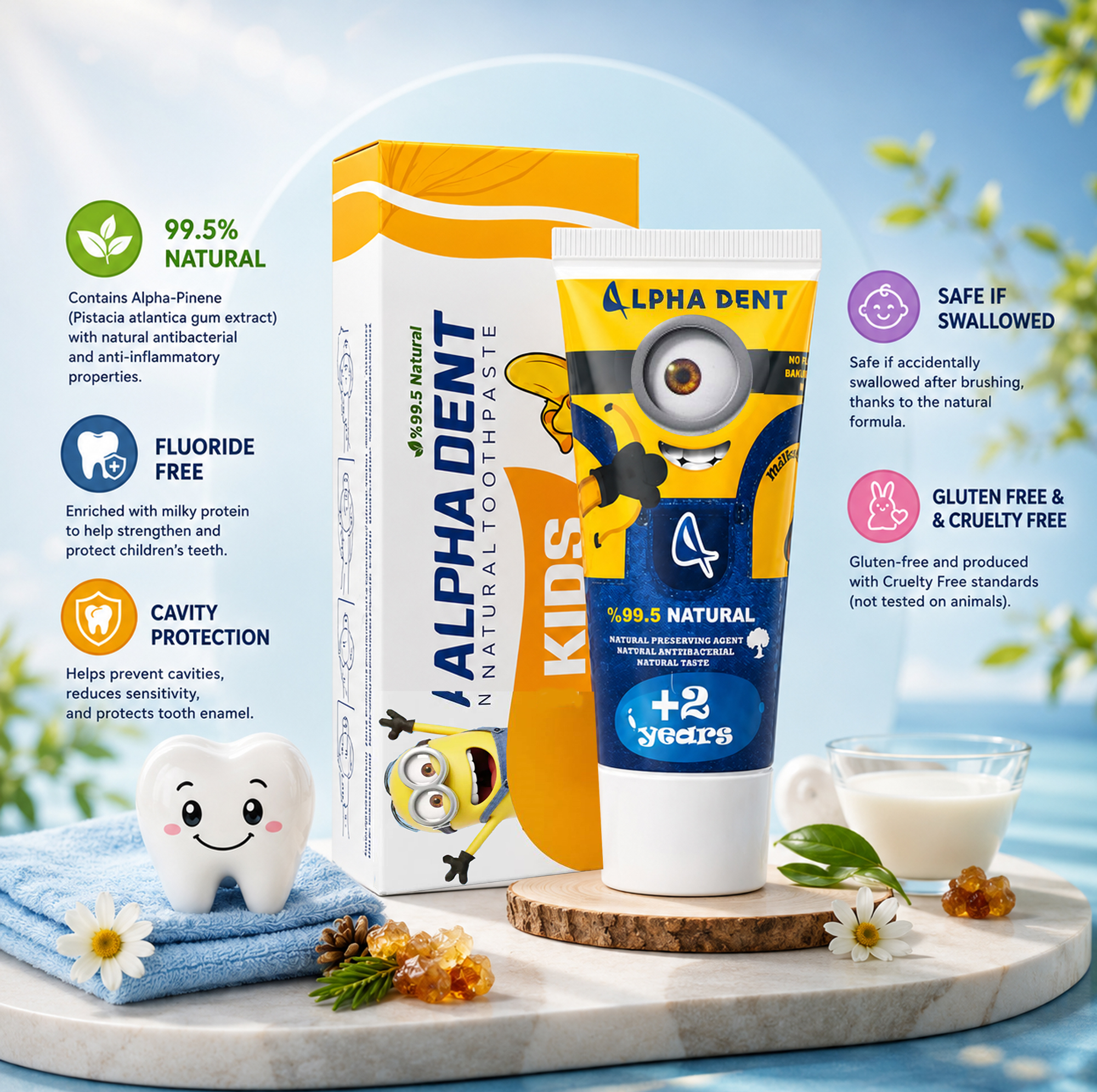 خمیردندان کودک آلفادنت مدل T-B-MINIONS6 حجم 70 میلی‌لیتر مجموعه 6 عددی