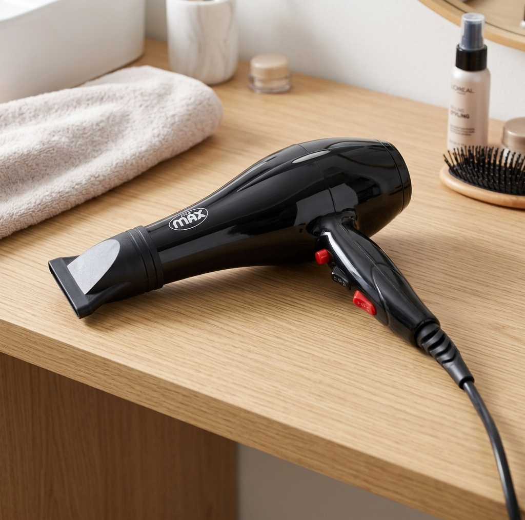 سشوار حرفه ای مکس پرو مدل 8889، با موتور DC، توان 9000 وات، وزن 650 گرم، تنظیم دما در سه حالت و تنظیم سرعت در دو حالت، همراه با متمرکزکننده باریک