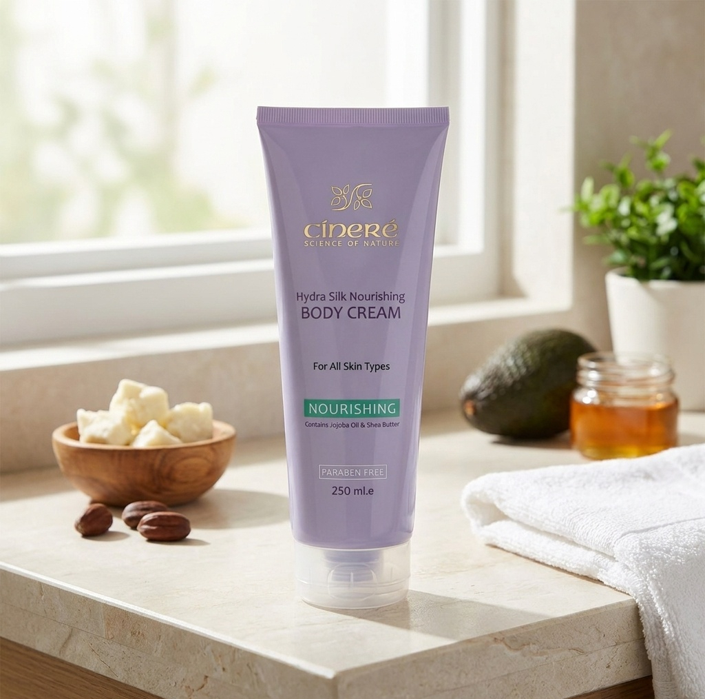کرم مغذی بدن سینره Hydra Silk حجم 250 میلی‌لیتر با عصاره آووکادو، شی‌باتر، عسل گیاهی و روغن جوجوبا، مرطوب‌کننده، ضد حساسیت و کمک به نرمی و بازسازی پوست