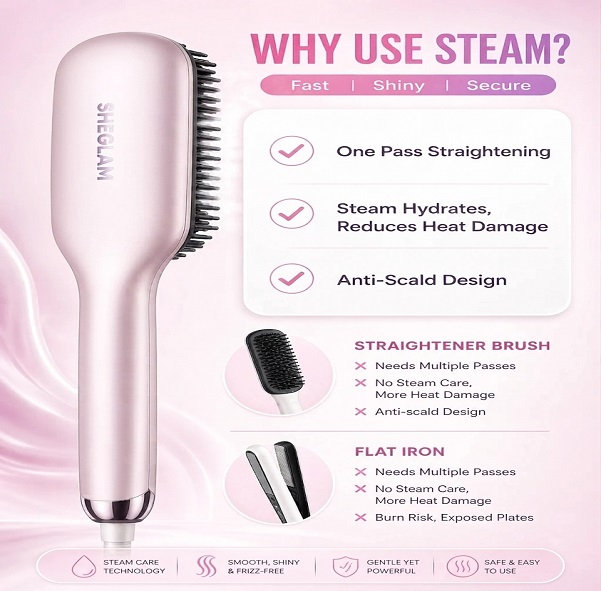 برس حرارتی بخاردار شیگلم مدل Hydra Shot Steam straightening brush Pro وزن 775 گرم با مخزن بخار داخلی و سیستم یونساز