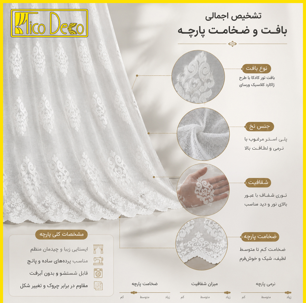 پرده پانچ تیکو دکو مدل تور راشل کادکا طرح ورسای دالبوردار  سایز 280 × 300 سانتی‌متر