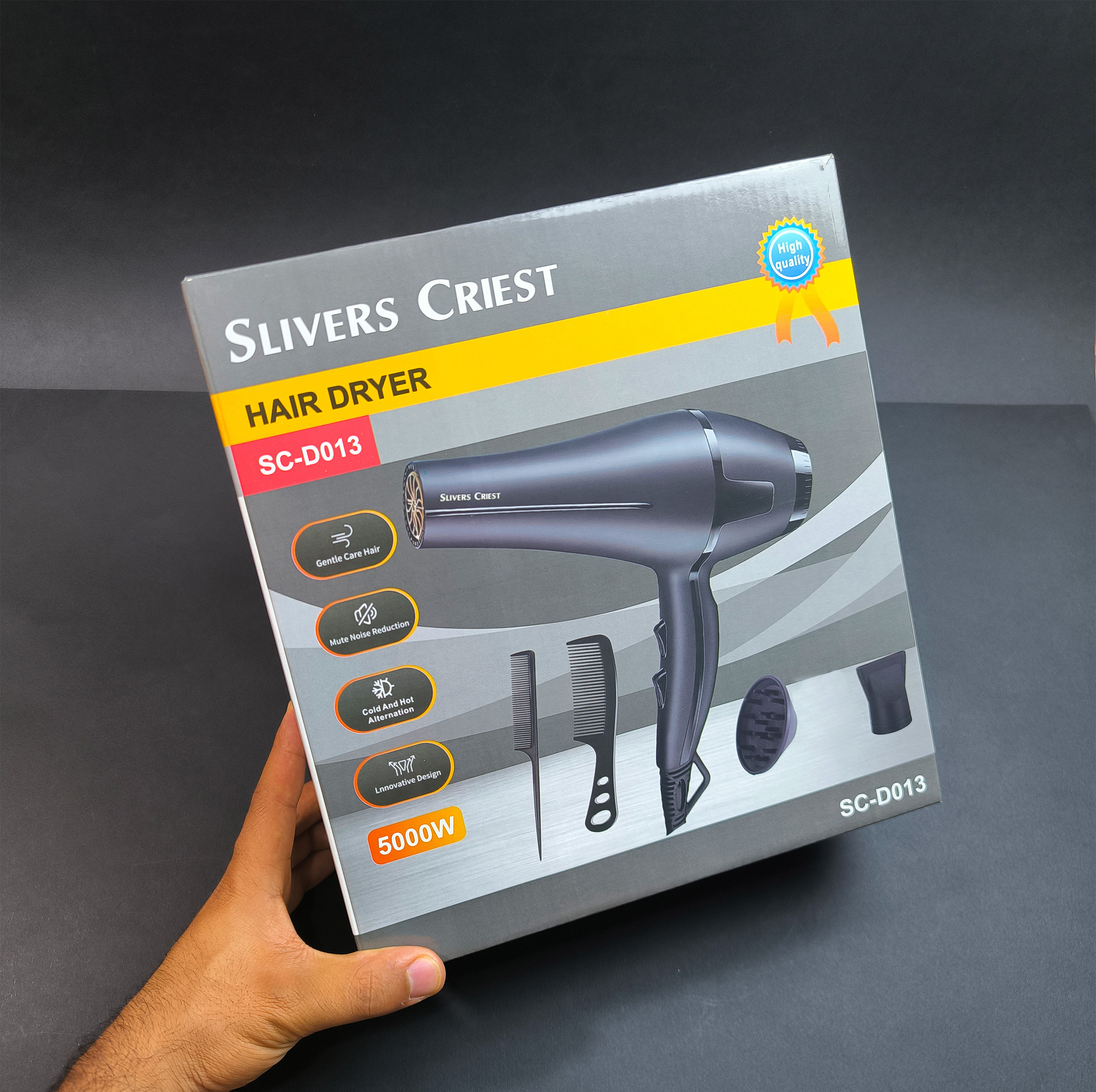 سشوار سیلور کرست مدل SC-D013 با موتور AC، توان 5000 وات، فناوری تولید یون، تنظیم دما و سرعت در 2 حالت و همراه با دیفیوزر و نازل متمرکزکننده