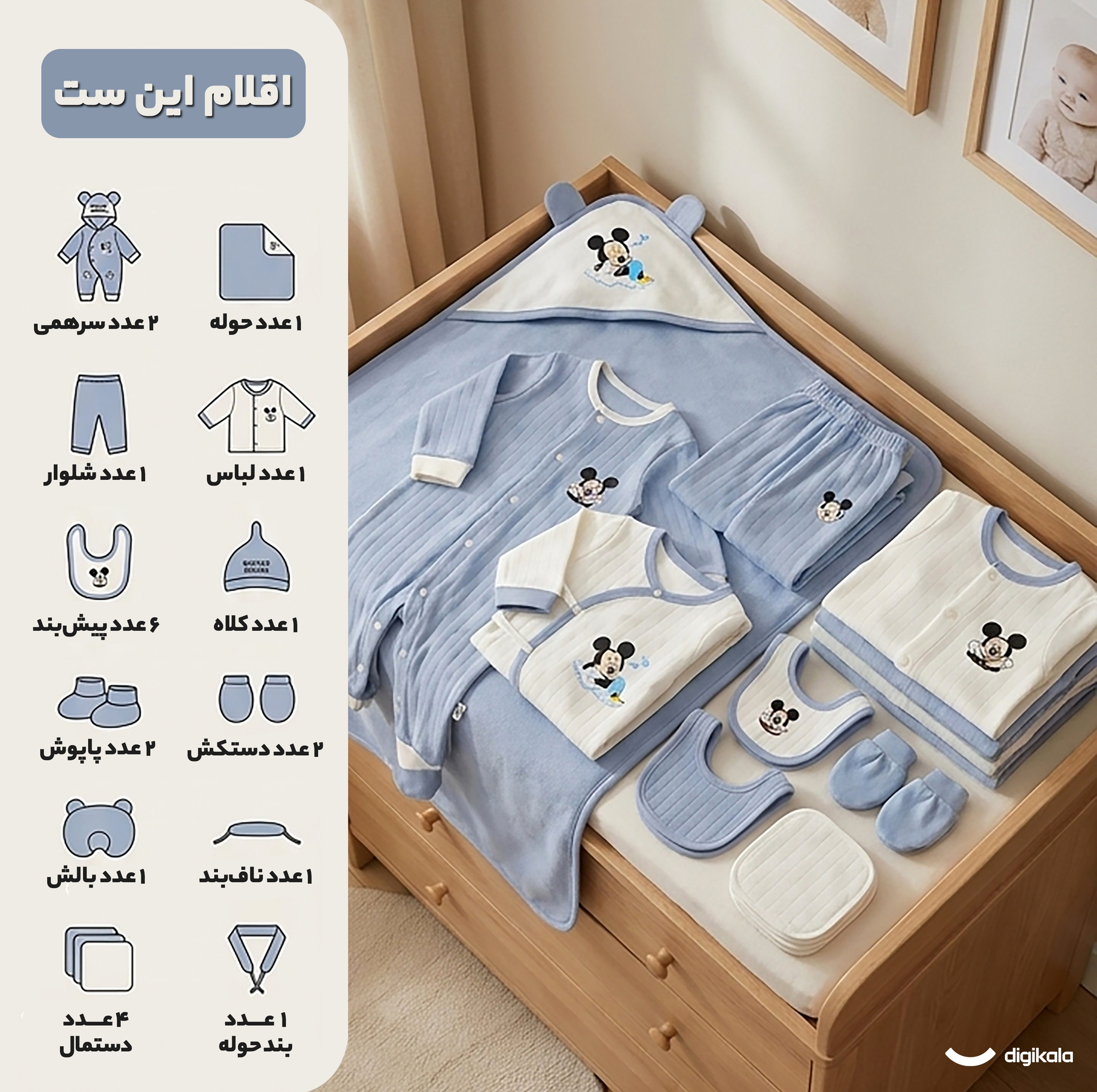 ست 24 تکه لباس نوزادی طرح میکی موس آبی مدل bsbm01