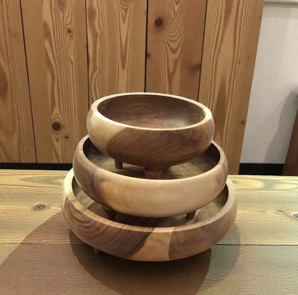 کاسه چوبی مدل خمره ای پایه دار بسته 3 عددی