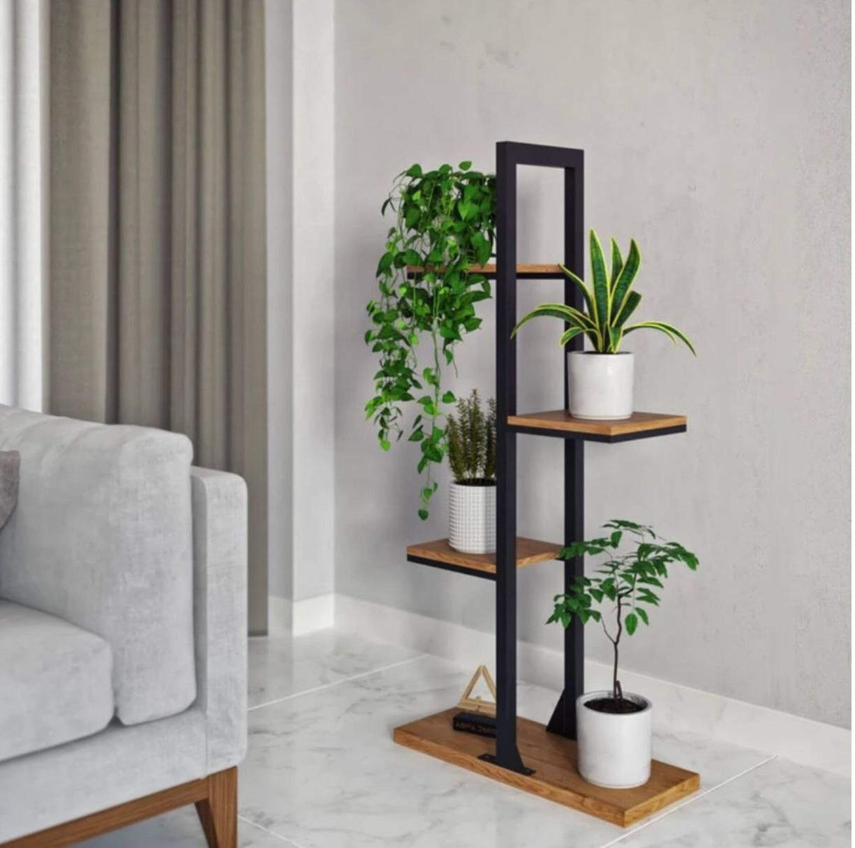 استند گل ایستاده مدل G-15 با پروفیل فلزی مقاوم و طبقات MDF ضدآب، مناسب برای گل‌های آپارتمانی و گیاهان آبی، طراحی استوانه‌ای با استحکام بالا و ابعاد 120x55x25 سانتی‌متر