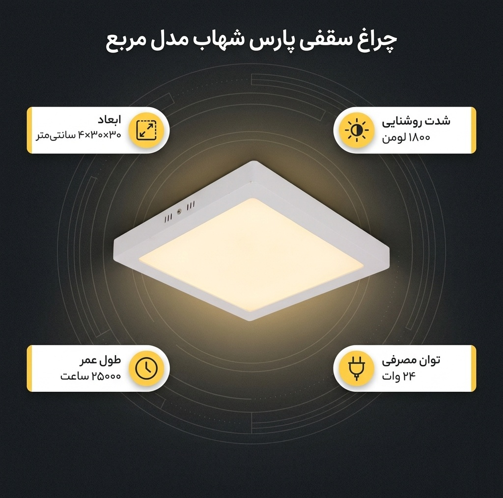 چراغ‌ سقفی 24 وات پارس شهاب مدل مربع روکار