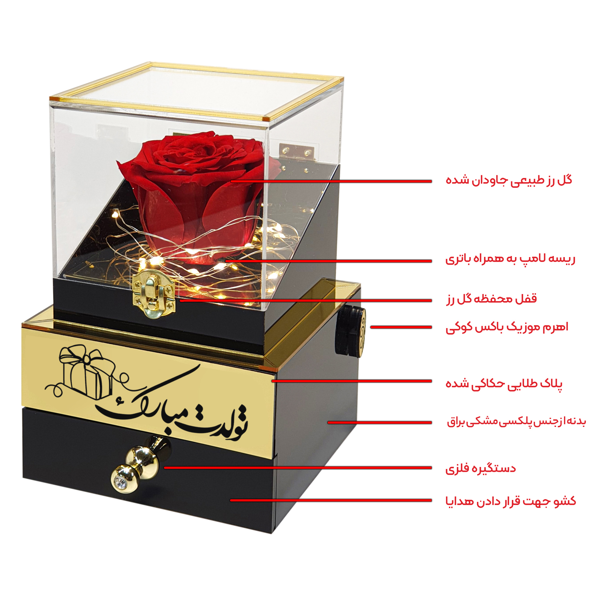 جعبه موزیکال مدل رز جاودان طرح تولدت مبارک کد M01
