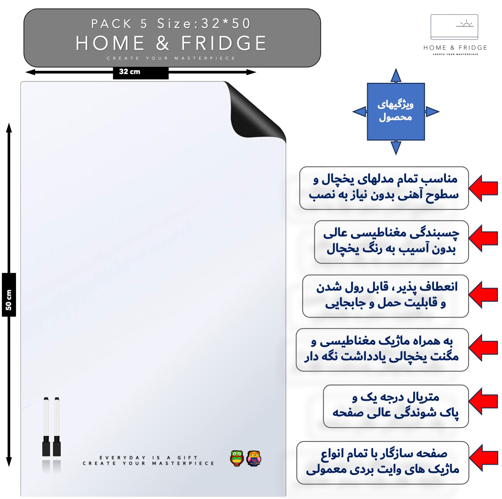 تخته وایت‌برد هوم اند فریج مدل SINGLE H&F سایز 50x32 سانتی‌متر به همراه ماژیک و مگنت مجموعه 5 عددی