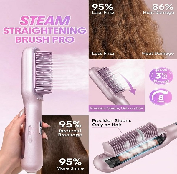 برس حرارتی بخاردار شیگلم مدل Hydra Shot Steam straightening brush Pro وزن 775 گرم با مخزن بخار داخلی و سیستم یونساز