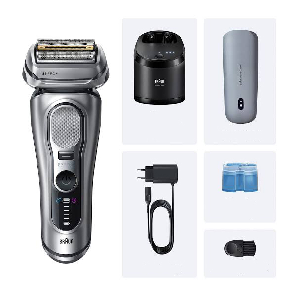 ماشین اصلاح موی صورت شارژی براون مدل 9677CC با تیغه‌های تیتانیوم، ضد آب، استفاده خشک و مرطوب، تیغه‌های خودتیزشونده و ضد التهاب، نمایشگر میزان شارژ، باتری لیتیوم یون، شارژ سریع، همراه با آداپتور، کیف نگهداری و برس تمیزکننده