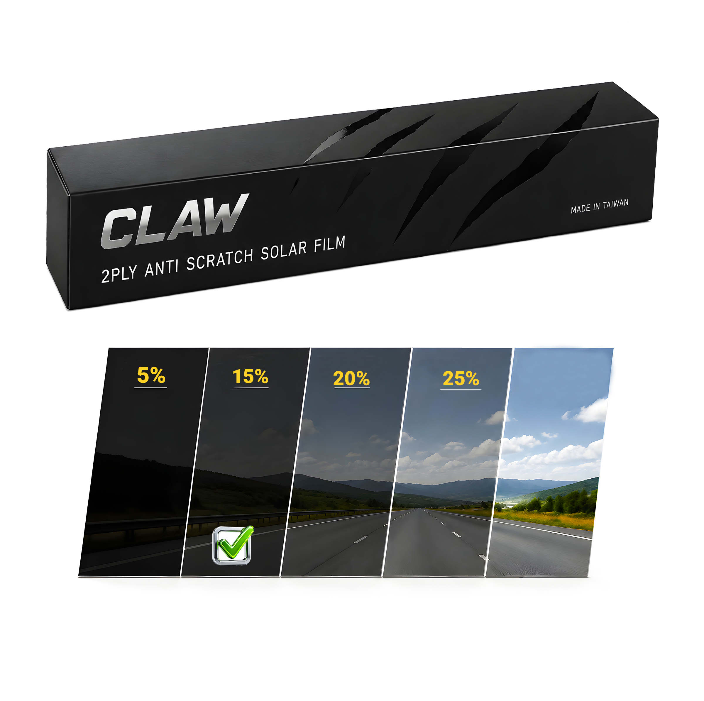 برچسب دودی شیشه خودرو کلاو مدل ضد خش 15 درصد آنتی یووی یک لایه کد claw-tat-15-1 رول 4 متری