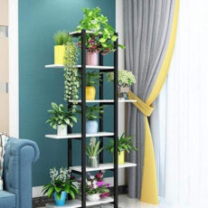 استند گلدان و قفسه کتاب فلزی 5 طبقه مدل GD-K38 با بدنه پروفیل 20×20 میلی‌متر، صفحات MDF روکش PVC، پوشش کوره‌ای الکترواستاتیک ضدخش و ضدزنگ، جوشکاری CO2، ابعاد 74×24×147 سانتی‌متر، وزن 12000 گرم