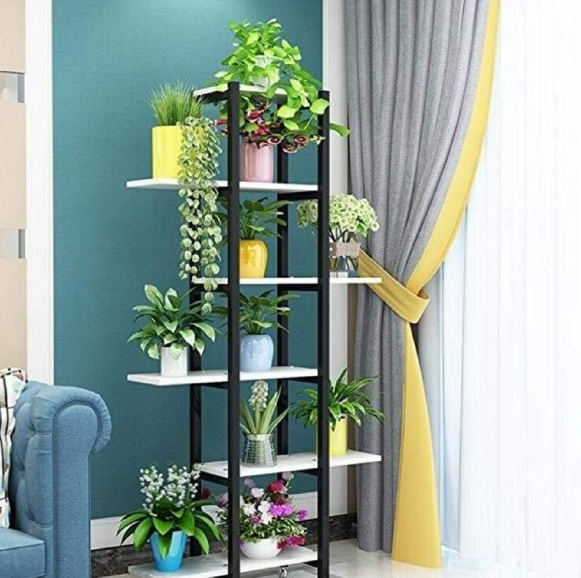 استند گلدان و قفسه کتاب فلزی 5 طبقه مدل GD-K38 با بدنه پروفیل 20×20 میلیمتر، صفحات MDF روکش PVC، پوشش کورهای الکترواستاتیک ضدخش و ضدزنگ، جوشکاری CO2، ابعاد 74×24×147 سانتیمتر، وزن 12000 گرم