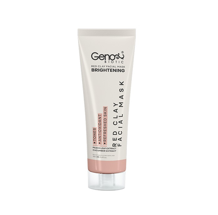 ماسک صورت و گردن روشن‌کننده و لایه‌بردار خاک رس قرمز ژنوبایوتیک مدل Red Clay حجم 100 میلی‌لیتر با عصاره برگ هلو و خیار، آنتی‌اکسیدان و از بین برنده تیرگی و لکه، مناسب انواع پوست