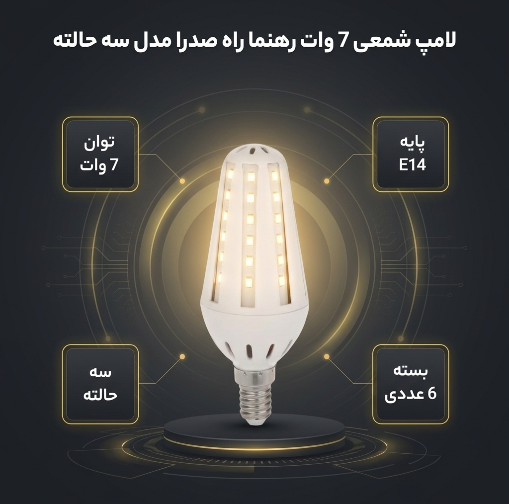 لامپ شمعی 7 وات رهنما راه صدرا مدل سه حالته طرح بلالی پایه E14 بسته 6 عددی