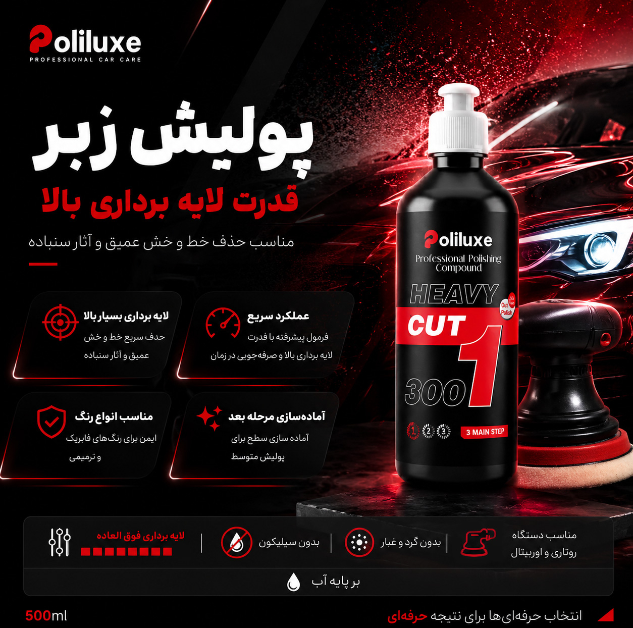 پولیش زبر بدنه خودرو پولی لوکس مدل 1 وزن 500 گرم