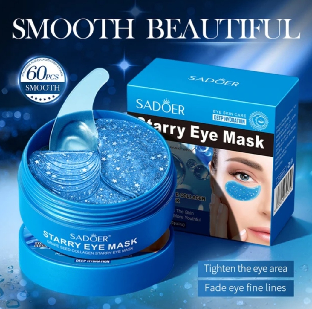 ماسک ورقهای زیر چشم سادور مدل هیالورونیک 60 عددی حاوی کلاژن و هیالورونیک اسید آبرسان عمیق، ضد چروک، کاهش پف و تیرگی، جوانکننده و شفافکننده با ویتامینهای A ،B ،C ،D و E مناسب انواع پوست