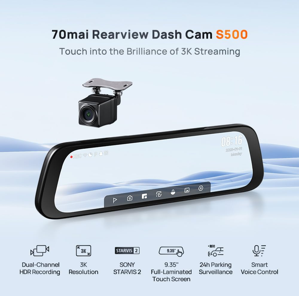 آینه هوشمند خودرو سوِنتی مِی مدل 70mai Rearview Dash Cam S500 به همراه دوربین