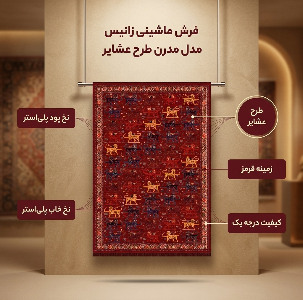 فرش ماشینی زانیس مدل مدرن طرح عشایر زمینه قرمز