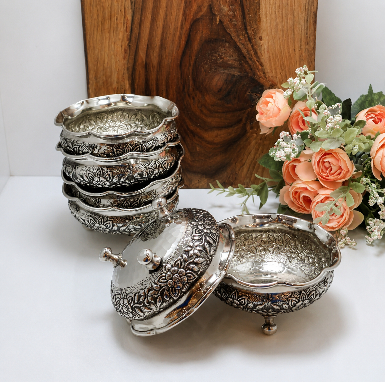 آجیل خوری مسی مدل پیاله آجیل خوری مسی کروم کد 1392 مجموعه 6 عددی