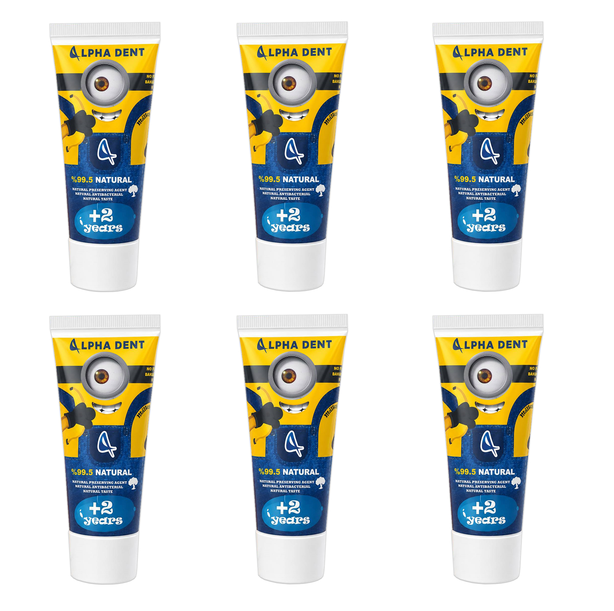 خمیردندان کودک آلفادنت مدل T-B-MINIONS6 حجم 70 میلی‌لیتر مجموعه 6 عددی