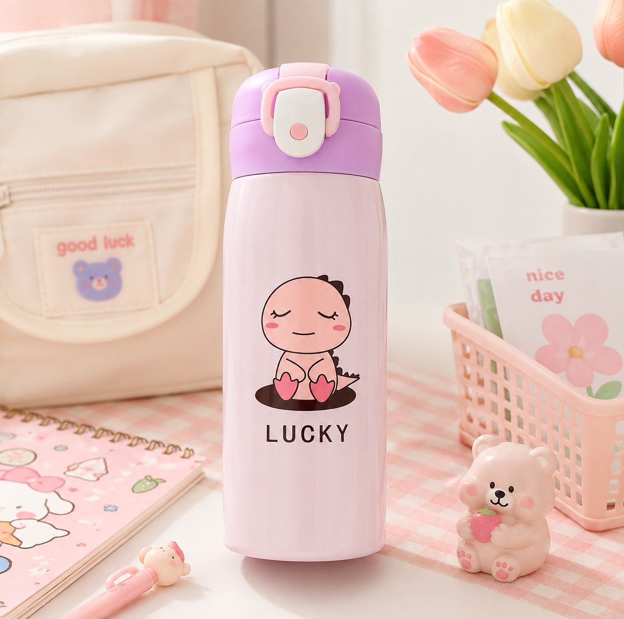 قمقمه کودک مدل دکمه‌ای Lucky دایناسور حجم 0.35 لیتر